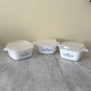 Three Vintage Coring-ware Cornflower Mini Caserole Dishes